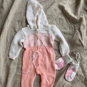 Vintage baby knitwear hoodie onesie with matching mittens!